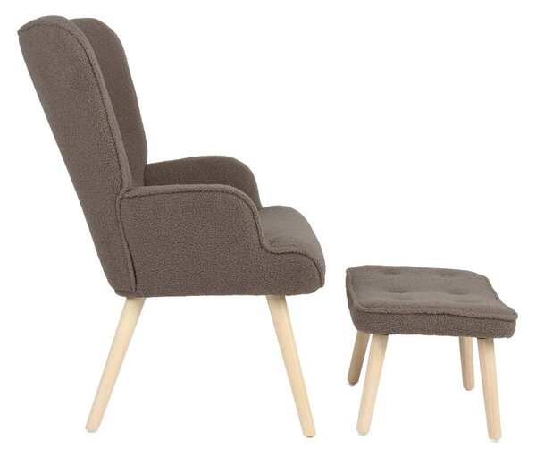 Relaxačné kreslo ušiak ROMEO II + taburet — masívne drevo, látka bouclé, prírodná / hnedá