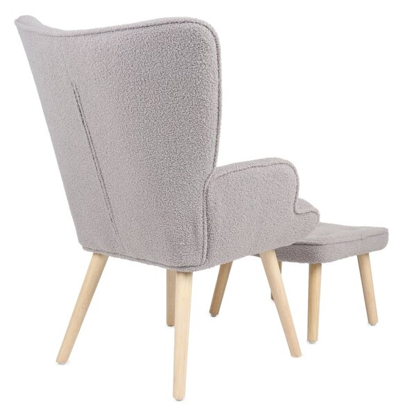Relaxačné kreslo ušiak ROMEO II + taburet — masívne drevo, látka bouclé, prírodná / sivá