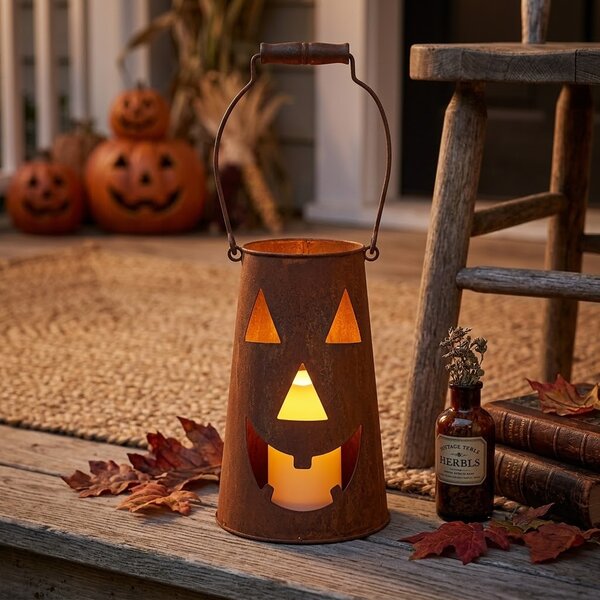 Rustikálna hrdzavá lampáš tekvica Halloween - Ø 14*23 cm - Clayre & Eef
