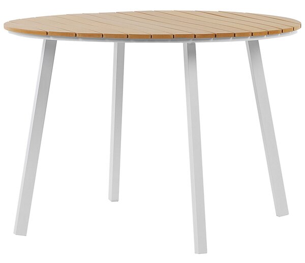 Vonkajšia jedálenská zostava z bieleho hliníka okrúhly stôl pre 4 osoby 105 cm 4 stoličky so sivými podsedákmi