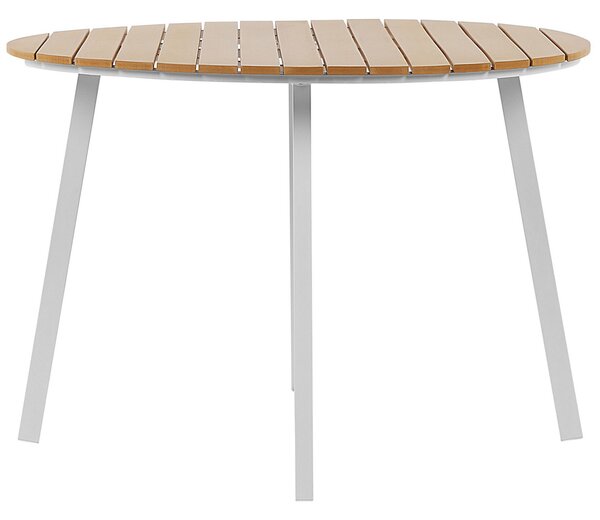 Vonkajšia jedálenská zostava z bieleho hliníka okrúhly stôl pre 4 osoby 105 cm 4 stoličky so sivými podsedákmi