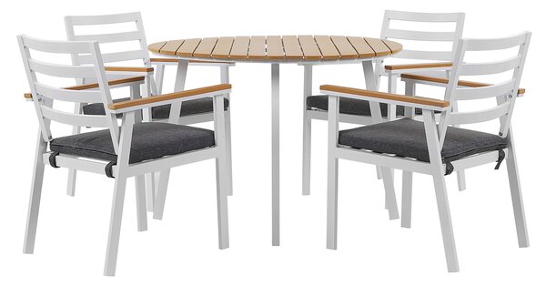 Vonkajšia jedálenská zostava z bieleho hliníka okrúhly stôl pre 4 osoby 105 cm 4 stoličky so sivými podsedákmi