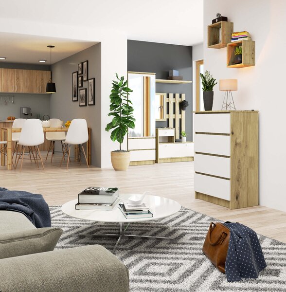 Ak furniture Komoda Kuba 60 cm - 4 zásuvky dub artisan/biela