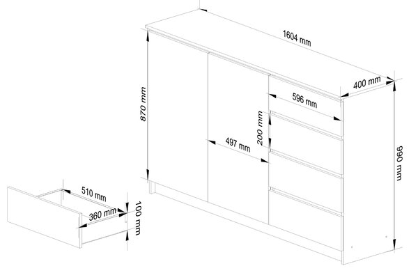 Ak furniture Komoda K013 160 cm biela - 2 skrinky a 4 šuplíky