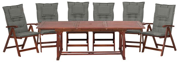 Záhradná sada nábytku so šiestimi nastaviteľnými stoličkami a vankúšmi skladateľné nastaviteľný stolík akáciové drevo