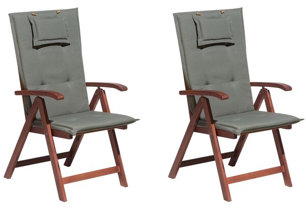 Sada 2 skladacích stoličiek s nastaviteľnými opierkami a vankúšmi tmavé akáciové drevo rustic
