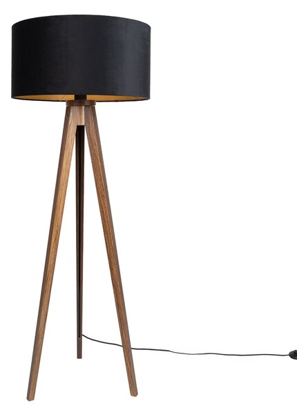 Stojacia lampa orechové drevo s čiernym tienidlom so zlatým interiérom 50cm - Tripod Classic