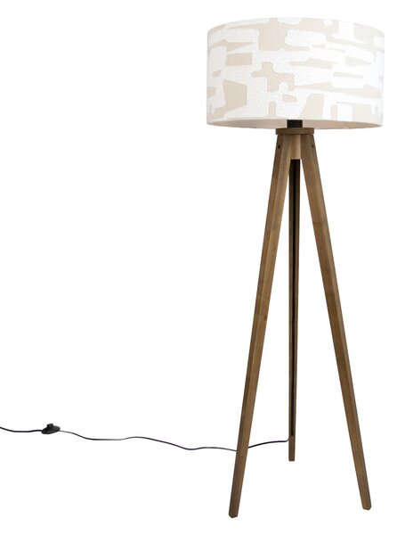 Drevená stojaca lampa s béžovým a bielym pruhovaným tienidlom 50 cm - Tripod Classic