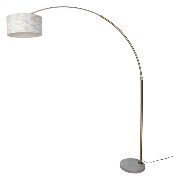 Mosadzná stojaca lampa s bielym a béžovým pruhovaným tienidlom 50 cm - XXL