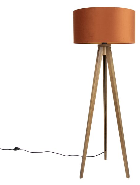 Drevená stojaca lampa s oranžovým tienidlom a zlatým interiérom 50 cm - Tripod Classic