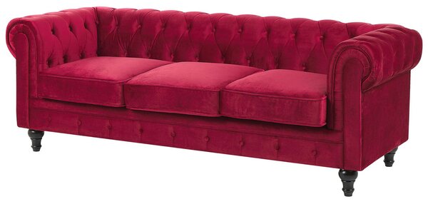 Pohovka chesterfield červená zamatová čalúnená nízke prešívané operadlo čierne nohy 3-miestna moderná