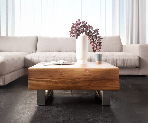 DELIFE Konferenčný stolík New Live-Edge 80x60 cm akácia prírodná 2 zásuvky tenká podstava nerezová oceľ kefovaná