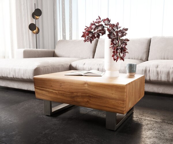 DELIFE Konferenčný stolík New Live-Edge 80x60 cm akácia prírodná 2 zásuvky tenká podstava nerezová oceľ kefovaná