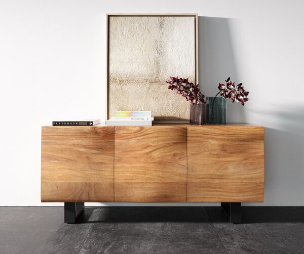 DELIFE Komoda New Live-Edge 145 cm akácia prírodná 3 dvierka kovová podstava čierna