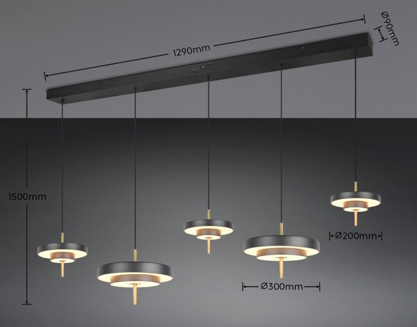 Trio T340210580 LED závesné stropné svietidlo KEATON | 50W integrovaný LED zdroj | 1x5900lm | 2300+3000+4000K | na lanku | Trio - SwitchDimmer | čierna | zlatá