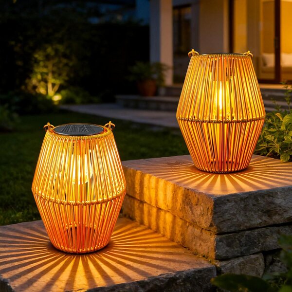Solárna lampa 2 ks, ratan, IP44, teplá biela, pre záhradu