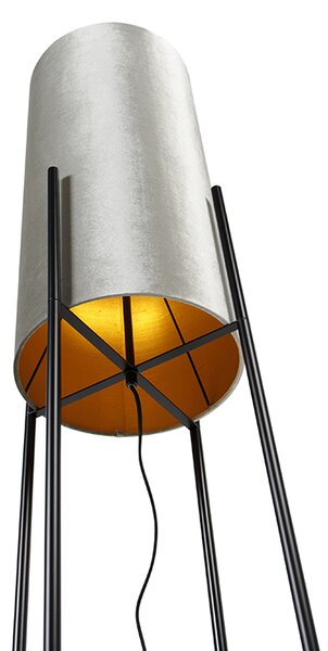 Moderná stojaca lampa čierna s plyšovým sivým tienidlom - Rich