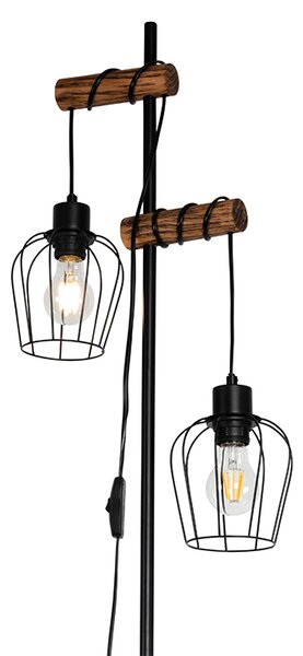 Rustikálna stojaca lampa čierna s drevom 2-svetlo - Stronk