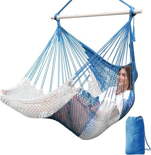 Závesné kreslo bavlnené lano, ručne pletené, bloková farba, skladacie, pre interiér