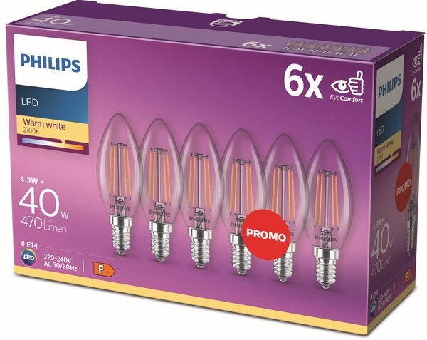 Philips 8718696775035 LED žiarovka classic E14 4,3W/40W 470lm B35 2700K 6-set