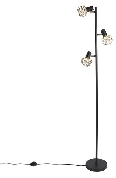 Dizajnová stojaca lampa čierna so zlatom 3-svetlo nastaviteľné - Mesh
