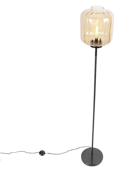 Dizajnová stojaca lampa čierna s jantárovým sklom - Qara