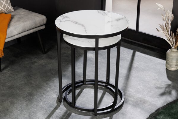 Stolík ELEGANCE 50-60cm okrúhly sada 2 vzhľad mramoru biely čierny rám