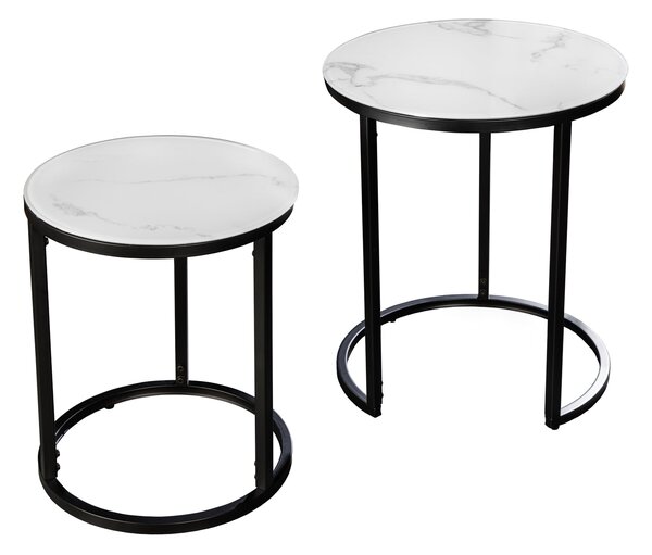 Stolík ELEGANCE 50-60cm okrúhly sada 2 vzhľad mramoru biely čierny rám