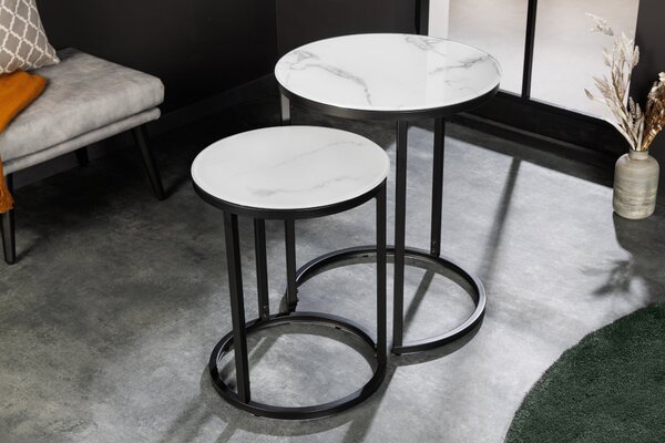 Stolík ELEGANCE 50-60cm okrúhly sada 2 vzhľad mramoru biely čierny rám