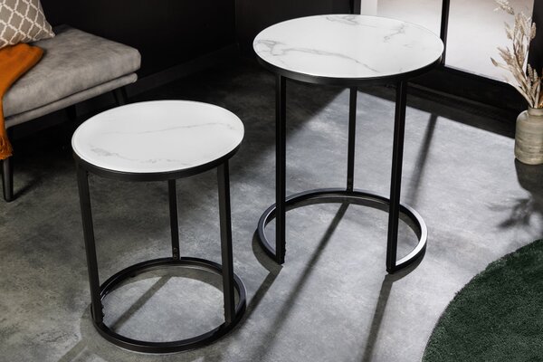 Stolík ELEGANCE 50-60cm okrúhly sada 2 vzhľad mramoru biely čierny rám