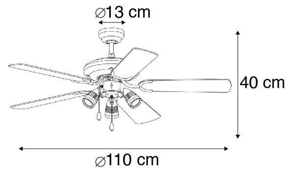 Bronzový stropný ventilátor s drevom 110 cm 3-svetlá s ťahovým spínačom - Mistral