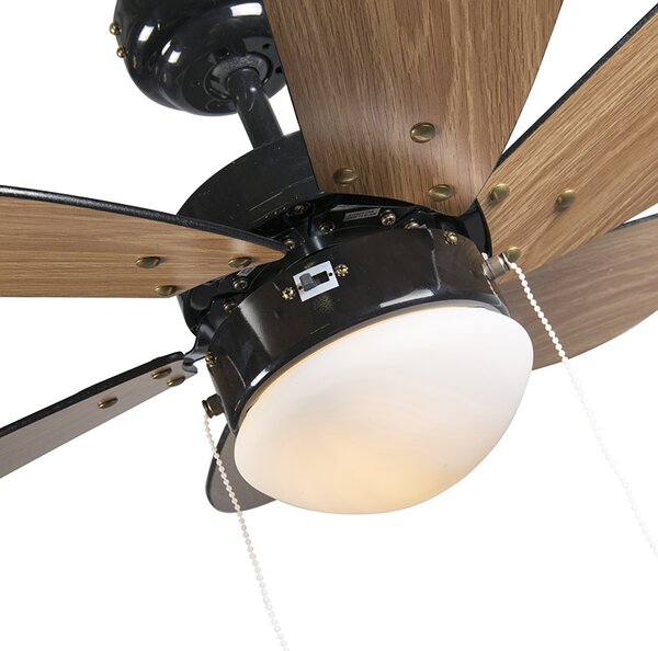 Stropný ventilátor čierny s drevenou potlačou 80 cm so šnúrkou - Fresh