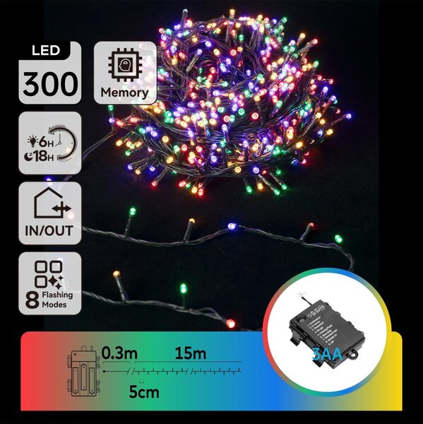 Aigostar - LED Vonkajší reťaz 300xLED/8 funkcií 3xAA 15,3m IP44 viacfarebný