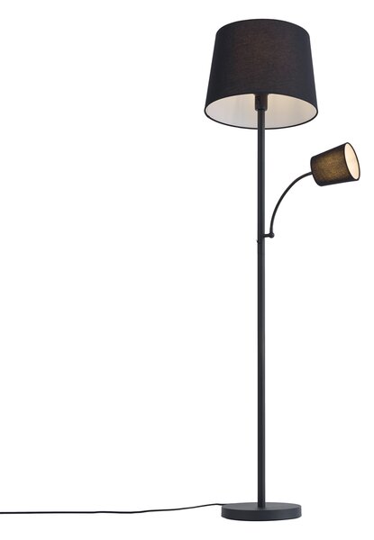 Klasická stojaca lampa čierna s čiernym tienidlom a lampou na čítanie - Retro