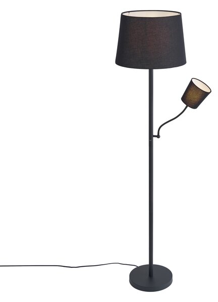 Klasická stojaca lampa čierna s čiernym tienidlom a lampou na čítanie - Retro
