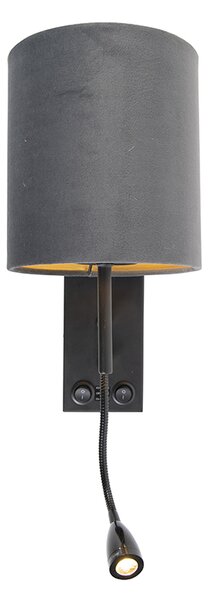 Art Deco nástenná lampa čierna s tmavosivým zamatovým tienidlom - Stacca