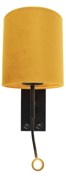 Nástenná lampa čierna s plyšovým žltým tienidlom - Stacca