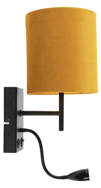 Nástenná lampa čierna s plyšovým žltým tienidlom - Stacca