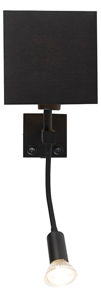 Moderná nástenná lampa čierna s USB a štvorcovým čiernym tienidlom - Zeno