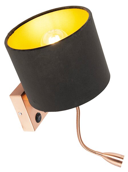 Moderná nástenná lampa medená s čiernym zamatovým tienidlom - Brescia