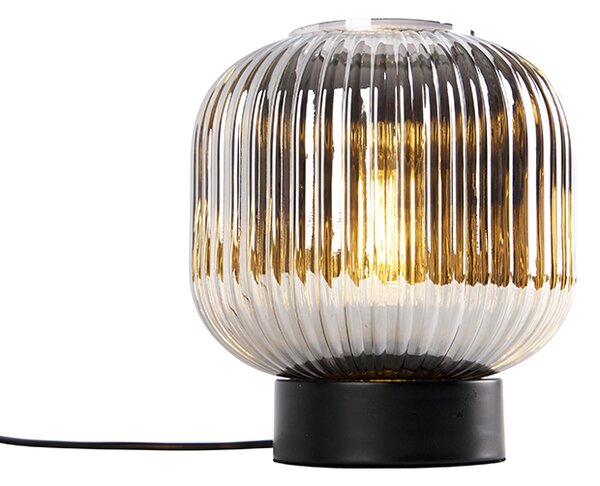 Stolná lampa v štýle Art Deco čierna s dymovým sklom - Karel