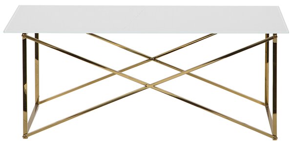 Konferenčný stolík biela doska zlaté nohy tvrdené sklo nohy z nehrdzavejúcej ocele 100 x 50 cm glamour