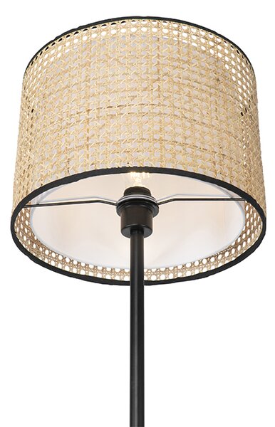 Rustikálna stojaca lampa čierna s ratanovým tienidlom - Kata