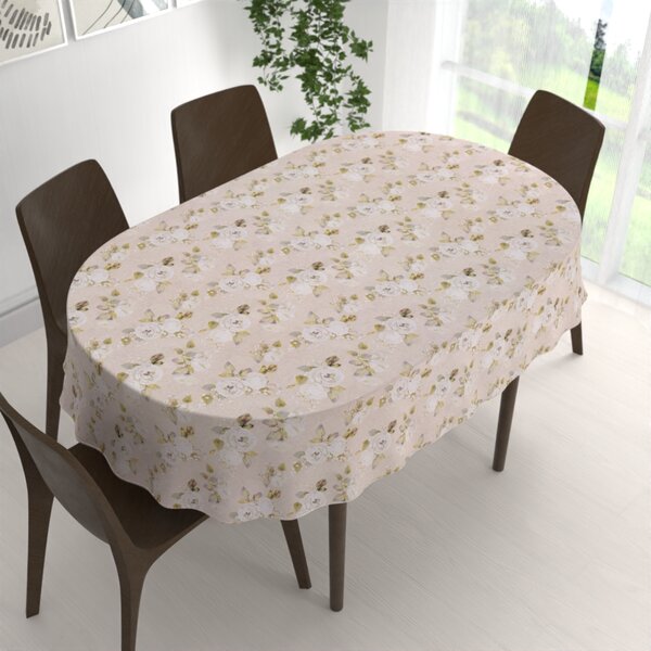Biante Dekoračný oválny obrus PML-059 Biele ruže s perokresbou na béžovom 100x140 cm
