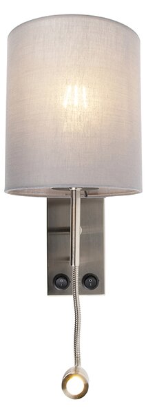 Moderná nástenná lampa oceľ s sivým bavlneným tienidlom - Stacca
