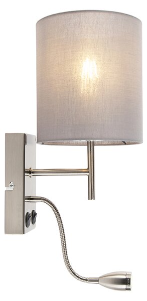 Moderná nástenná lampa oceľ s sivým bavlneným tienidlom - Stacca