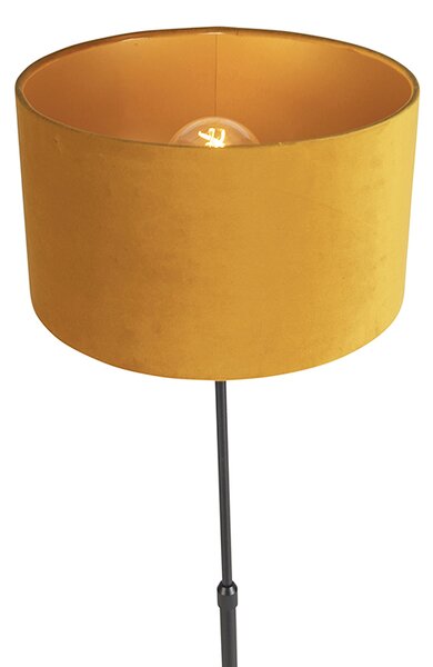 Stojaca lampa čierna s tienidlom z velúru okrovej žltej farby so zlatom 35 cm - Parte