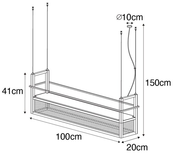 Priemyselné závesné svietidlo čierne s mriežkou 4-svetlo - Cage Rack