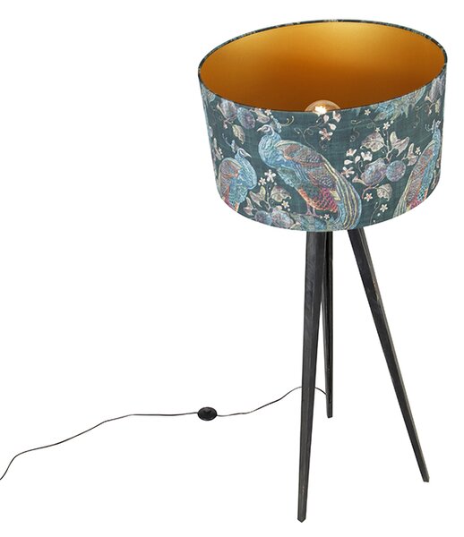 Stojaca lampa trojnožka čierna s tienidlom páv 50 cm - Tripod Classic