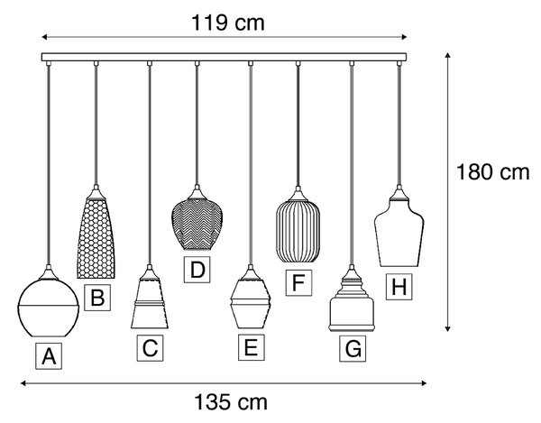 Art Deco závesná lampa čierna s jantárovým sklom 8-Lights - Hanne